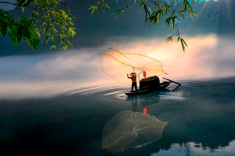 Morning fishing in a beam of light